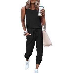 Womens 2 Piece Sleeveless Cutout Jumpsuit Tank Top With Long Pants